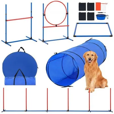 Image de Set d'entraînement à l'agilité pour chiens - Set de 5 pièces avec haies, tunnel et anneau de saut - Parfait pour les chiens actifs - Amélioration de l'habileté et de la forme physique