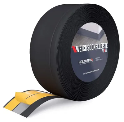 Produktbild von HOLZBRINK Weichsockelleiste selbstklebend PVC 70x20mm, 15 m | Winkelleiste selbstklebend für Kantenschutz | Sockelleiste Ecken PVC | Farbe: Schwarz