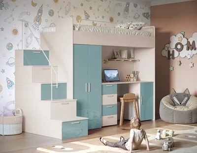Produktbild von Etagenbett TOMI 4s, Hochglanz Kinderbett Hochbett, MIT Matratze und Lattenrost (Cashmere + Hellblau, Glanz)
