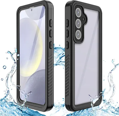 Two views of a black and clear phone case with water splashing around it.
