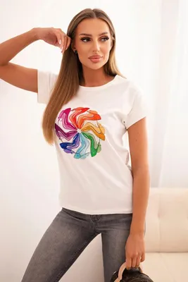 Immagine prodotto di Camicetta da donna in cotone con maniche corte e stampa colorata su fondo écru
