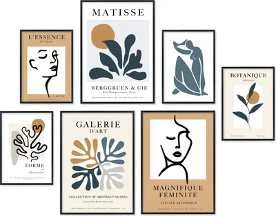 Produktbild von Hyggelig Home Premium Poster Set - 7 passende Bilder OHNE RAHMEN - Matisse beige blau abstrakt Wandbilder modern für Wohnzimmer Schlafzimmer - 3 x DIN A3 + 4 x DIN A4 - Set Magnifique, Option:mit Rahmenset schwarz