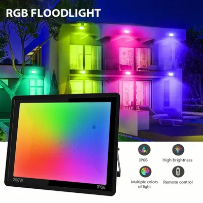 Image de Projecteur LED - RGB - 200 W - Avec télécommande - Indice de protection IP66 - Pour usage extérieur - Aluminium