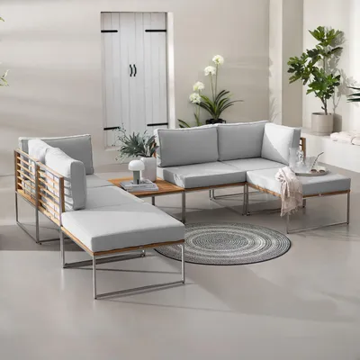 Produktbild von home24 Loungeset - 7-teilig - Webstoff / Teak Massiv