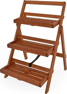 Immagine prodotto di Supporto per piante in legno di acacia a 3 livelli, pieghevole e salvaspazio