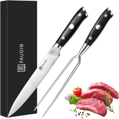 Produktbild von Küchenmesserset 2tlg Messerset mit Fleischmesser 20 cm Fleischgabel 18 cm Ultra Scharfes Tranchierbesteck Grill Besteck aus deutschem Edelstahl