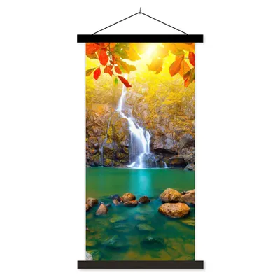 Produktbild von MuchoWow® Textilposter Steine - Baum - Wasserfall - Herbst - Rot 90x180 cm mit schwarzem Rahmen - Dekoration Wohnzimmer