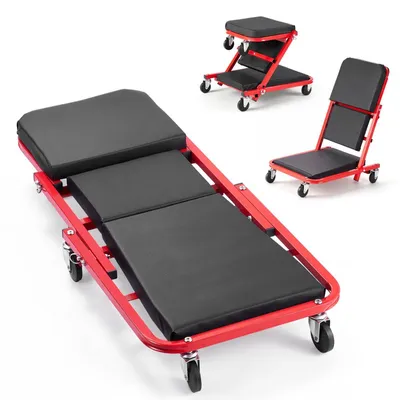 Image de Table de réparation pliable 3-en-1 de 920 mm, chariot de garage à roulettes, support de réparation automobile de 150 kg avec 6 roulettes pivotantes, repose-tête rembourré, pour travailler allongé ou assis lors de réparations automobiles