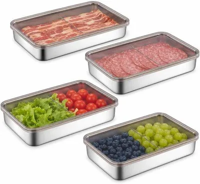 Produktbild von Edelstahl-Aufbewahrungsboxen für Fleisch – 4 Stück – Stapelbare Frischhalteboxen mit Deckel – Für Wurstwaren und Käse