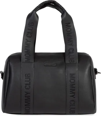 A black baby changing bag with "MOMMY CLUB" embossed on the straps.