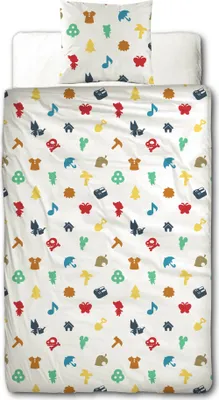 A flat lay of a duvet cover and pillowcase with a repeating pattern of small icons.