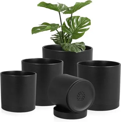 Image de Lot de 5 pots de fleurs | Pots en plastique noir de 10,2 à 17,8 cm | Pour plantes d'intérieur, balcon ou culture hydroponique