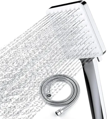A chrome shower head with water spraying out, and a coiled chrome hose below.