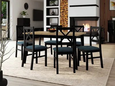 Obrázok produktu pre Rozkladací jedálenský stôl 140 cm so 6 stoličkami ADELBITE 3 - dub artisan / čierny / modrý