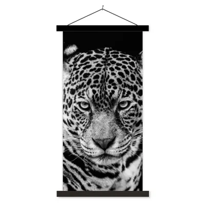 Produktbild von MuchoWow® Textilposter Leopard - Tiere - Schwarz - Weiß - Porträt 40x80 cm mit schwarzem Rahmen - Wandemalerei