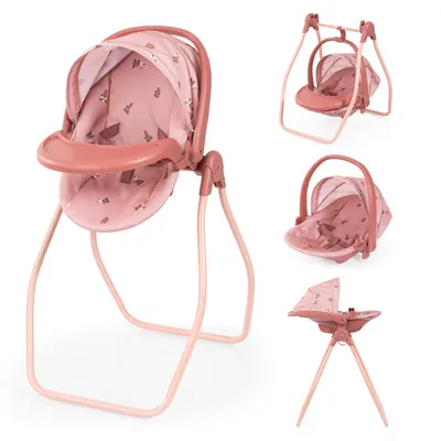 Produktbild von Bayer Design 63826AA Puppenzubehör 4 in 1 Set Puppenhochstuhl, -trage, -bett, Schaukel - für vielfältige Rollenspiele, 3+ Jahre