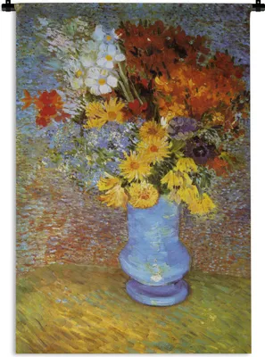 Produktbild von MuchoWow® Wandteppich Wandbehang Vase mit Gänseblümchen und Anemonen - Vincent van Gogh 90x135 cm Tapisserie Dekoration Wandtuch - Baumwolle - Wandskulptur