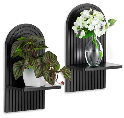 Image de Des étagères en bois noir comme décoration murale : décoration murale bohème pour le salon et la chambre à coucher – lot de 2 petites étagères suspendues modernes pour plantes