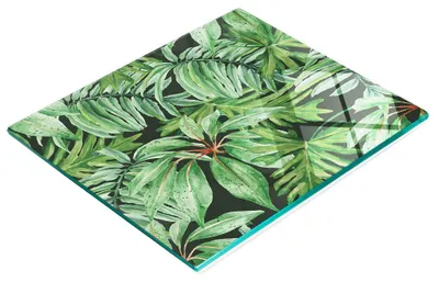 Immagine prodotto di Tagliere da cucina decorativo in vetro con motivo di foglie tropicali, 60 x 52 cm