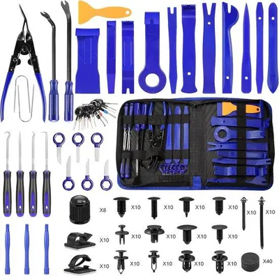 Immagine prodotto di Uniqoos® Kit di smontaggio auto da 250 pezzi – Strumenti per la rimozione di rivestimenti e pannelli per auto, imbarcazioni e camper, 11 utensili in nylon per interni, 120 clip di fissaggio, leve e custodia