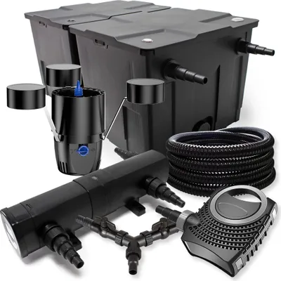 Zdjęcie produktu dla Kompletny zestaw SunSun: filtr do oczka wodnego CBF-550 do 60000 l, pompa do oczka wodnego NEO10000 10000 l/h 80 W, osadnik do oczka wodnego CUV-236 36 W, wąż do oczka wodnego 25 m 25 mm, skimmer CSP-250 2500 l/h 45 W, rozdzielacz Y