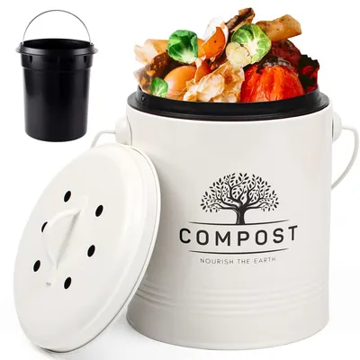 Immagine prodotto di Bidone compost da cucina con coperchio - Beige crema - 4,9 litri - Filtro al carbone e secchiello interno