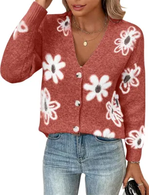 Produktbild von ASKSA Damen Strickjacke V-Ausschnitt Langarm Lose Blumenmuster Knopf Offene Cardigan Strickpullover (Rot,L)