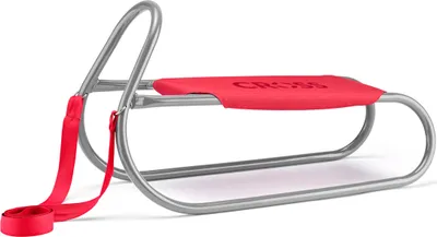 A red and silver metal sled with a red strap, shown on a white background.