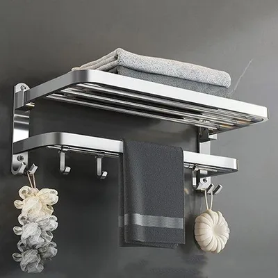 Image de Porte-serviettes autocollant, acier inoxydable, 2 barres, 5 crochets, 58 cm