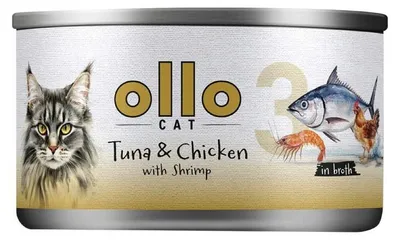 Image de Chat OLLO n° 3 Thon et poulet aux crevettes dans un bouillon - nourriture humide pour chats - 70 g