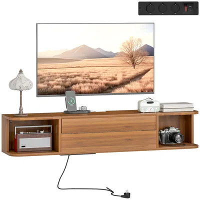 Produktbild von Wandmontierter TV-St?nder fš¹r Fernseher bis 50 Zoll mit Steckdosen, USB- und USB-C-Anschluss, Schublade und Ablagen, 120 x 24 x 22,4 cm, Walnuss