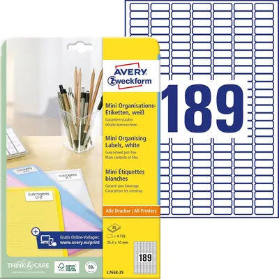 Immagine prodotto di Avery Zweckform L7658 - Etichette adesive permanenti - bianco - 25,4 x 10 mm - 4725 etichette (25 fogli x 189) (L7658-25)