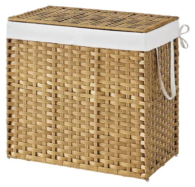 Obrázok produktu pre Košík na prádlo s 2 priehradkami, skladací, vyrobený z ratanu, s vekom | Prírodný materiál | 40 x 66 x 61 cm