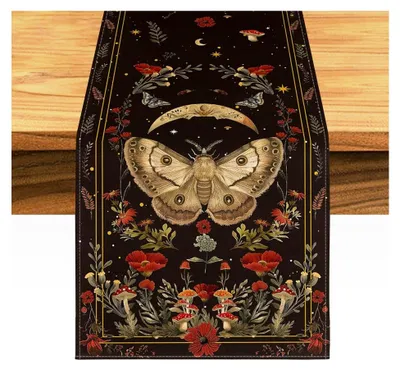 Produktbild von Herbst Tischläufer, 183 x 33 cm mit Motiven von Mohnmotte und Pilzmond, Vintage Stil, Tischdekoration für Küche, Zuhause und Feiertagsfeiern