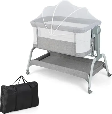 Produktbild von 3 in 1 Baby Beistellbett, 90 × 55cm Reisebett mit Matratze, Moskitonetz & 4 Rädern, 6-stufig-höhenverstellbar Stubenwagen mit Neigung & Ablage, Babywiege für Säuglinge 0-6 Monate (Grau)