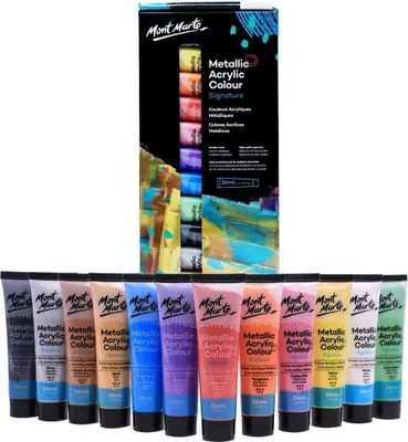 Produktbild von Mont Marte Acrylfarbe Metallic Farbset – 12 x 36 ml – Gut deckende Farben & Metallic-Optik