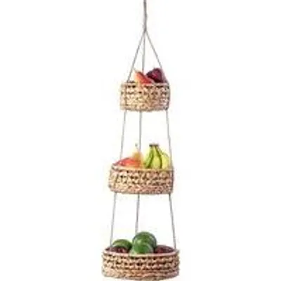 Produktbild von Hängende 3-lagige handgewebte Seegras-Rattan-Korb für Obst und Gemüse - Küchenaccessoire - grün