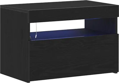 A black TV cabinet with a drawer and an open shelf with blue LED lighting.