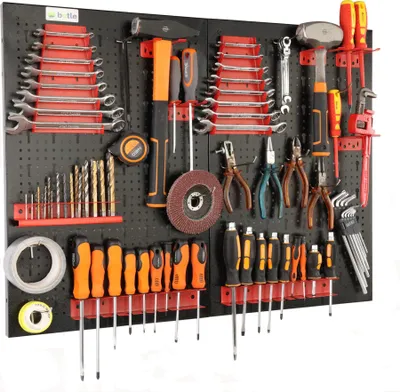 Produktbild von botle® Werkzeugwand Lochwand aus Metall 80 x 60 cm, Wandregal + Werkzeughalter 24-tlg Set, Kleinteilelager,  Wandwerkstatt Hängeregal Sortierregal Schüttenregal Steckregal