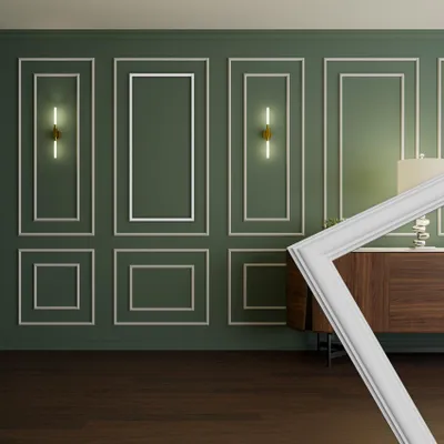 Produktbild von HEXIM Stuckleisten Wandrahmen Sets HDPS weiß - Auswahl an Größen für Wand, Decke, Bilder & Spiegel - Einfach kürzbar für individuelle Gestaltungslösungen (RM16-K 116X51CM)