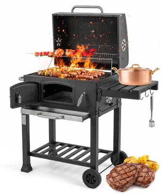 Produktbild von Corciano Holzkohlegrill XXL Grillwagen Carbo Angus | Gusseisenrost & Kurbel | inkl. Abdeckhaube, Thermometer & Flaschenöffner Schwarz