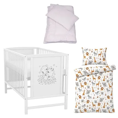 Produktbild von Baby-Delux Babybett Kinderbett Gitterbett Mia weiß 120x60 Matratze Bettset 4-Tlg. kleine Safari