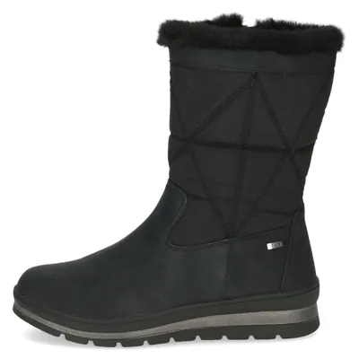 A side view of a black winter boot.