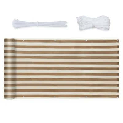 A rolled-up balcony privacy screen with brown and white stripes, along with zip ties and rope, laid out on a white background.