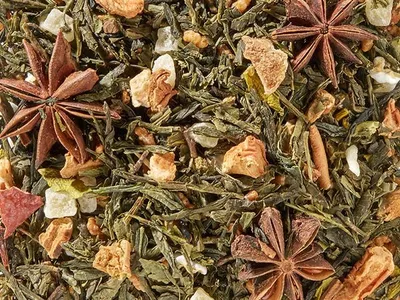 Produktbild von Grünteemischung Genmaicha Ganz schön frostig Tonkabohne-Zimt-Note aromatisiert