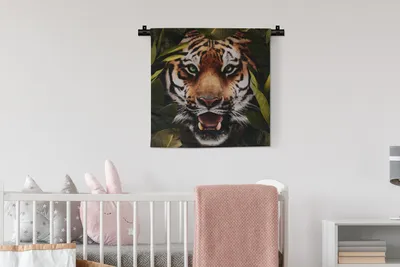 Produktbild von MuchoWow® Wandteppich Wandbehang Tiger - Blätter - Tiere 60x60 cm Tapisserie Dekoration Wandtuch - Dekorationen - Wand Decke