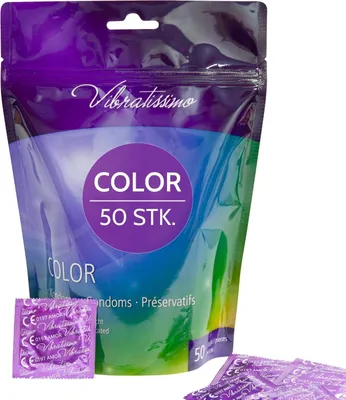 Obrázok produktu pre Kondómy VIBRATISSIMO Color, balenie po 50 kusoch | Realistický pocit a extra vlhkosť | Farebná antikoncepcia pre mužov | Balenie v červenej, čiernej, zelenej, žltej a zlatej farbe