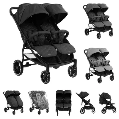 Obrázek produktu pro Kikkaboo dvojitý kočárek Happy 2, skládací, pláštěnka, fusak, odpružený, černý