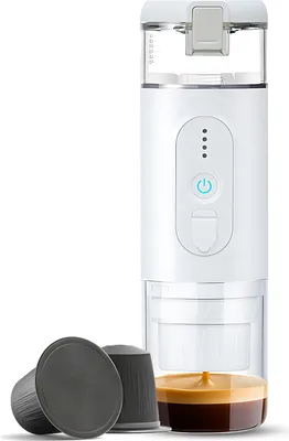 Produktbild von Tragbare elektrische Espressomaschine, kabellose Heizung, Einzelportions-Mini-Kaffeemaschine mit 2-in-1-Kaffeepulver-/Kapselbehaelter, 18-Bar-Pumpendruck, automatische Bruehfunktion, eingebauter 2500-mAh-Akku