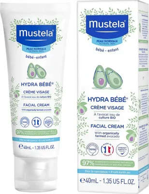 Produktbild von Mustela Hydra Bébé Gesichtscreme für Kinder, 40 ml, 97% natürlichen Ursprungs, mit Avocado Perseose, hypoallergen, dermatologisch getestet, leichte Formel, spendet Feuchtigkeit, schützt und pflegt.